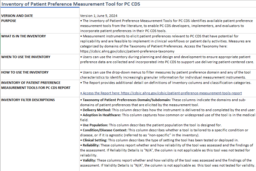 Patient Preference Measurement Tools for PC CDS Inventory